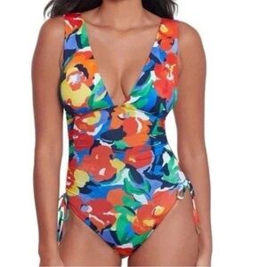 Lauren Ralph Lauren Women's Shirred Plunge-Neck One-Piece Swimsuit SZ16 Resort